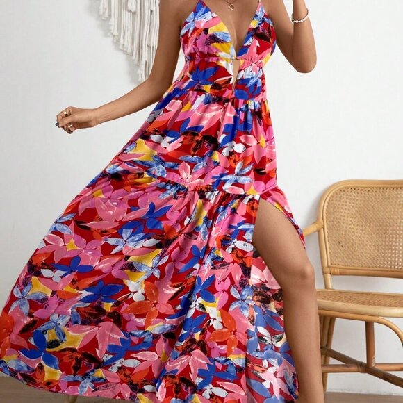 Red Boho Women's Vacation Floral Print Backless Dress - Picture 4 of 6